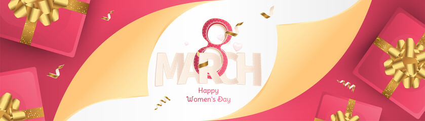 8 March International women's day. Long Greeting card with shining glitter, gold ribbon and sign eight. Flat vector illustration EPS10