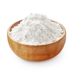 Fototapeta na wymiar Gluten free flour. Wooden bowl of rice or wheat flour isolated on white background.