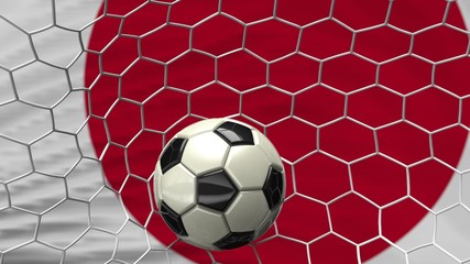 Soccer Ball in the Goal Net with Japan flag . 3D illustration. 3D high quality rendering.