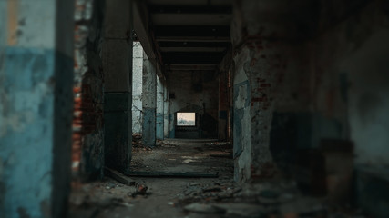 Fototapeta na wymiar Long corridor of ruined abandoned eerie pillar industrial building with blurred vignette, vintage toned