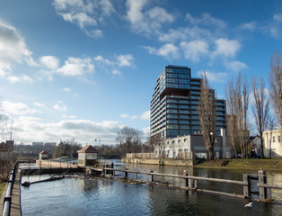 River Brda and Apartment Building in Bydgoszcz, Poland