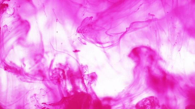 Purple magenta ink paint drops in water slow motion abstract background. Smoke cloud swirl, splash, mix and dissolve underwater