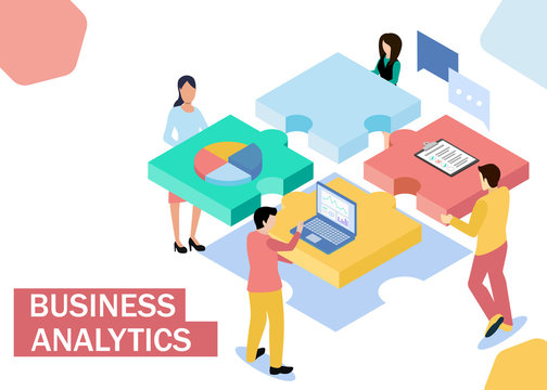 Business Analytics Concept. People Are Connecting Puzzle Elements. Isometric Projection. Vector Illustration. EPS 10