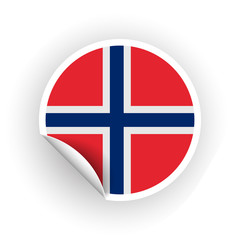 Sticker of Norway flag with peel off corner isolated on white background. Paper banner or circle curl label sticker with flip edge. Vector color post note for advertising design.
