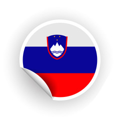 Sticker of Slovenia flag with peel off corner isolated on white background. Paper banner or circle curl label sticker with flip edge. Vector color post note for advertising design.