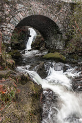 Fototapeta na wymiar Maria's bridge and waterfall, Shinma river, Tollymore forest park, Mournes, Newcastle, County Down, Northern Ireland