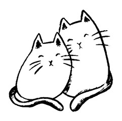 Simple vector hand drawn illustration. Cute cats love couple. Contour drawing isolated on a white background. Graphic doodles, sketching. Primitive style pictures for design, prints, card, posters etc
