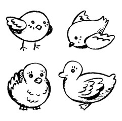 Simple vector hand drawn illustrations set. Cute little birds. Contour drawings collection isolated on white background. Graphic doodle, sketches. Primitive style pictures for design, print, card etc.