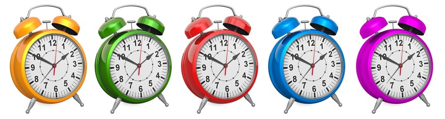Colored alarm clocks, closeup. 3D rendering
