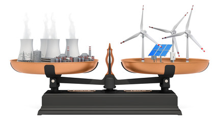 Nuclear power or solar panels and wind turbines. 3D rendering