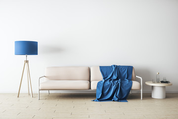 Minimalistic living room with sofa, lamp and copy space on wall
