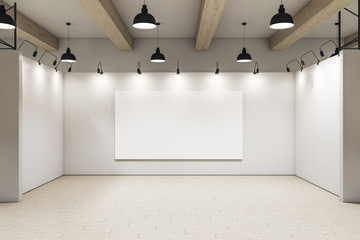 Contemporary gallery interior with blank billboard