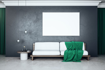 Contemporary living room interior with sofa and blank banner