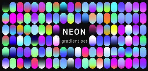 Set of duotone and holographic swatches for trendy coloring. Retrowave neon color palette.