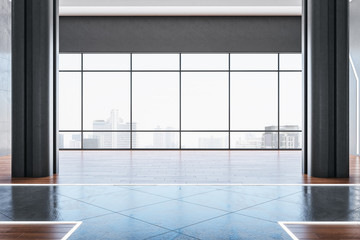 Empty hall interior with panoramic city view