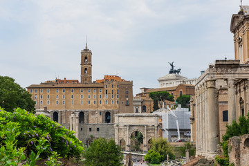 Beautiful scene at the Roman Forum in Rome Italy on a bright summer day