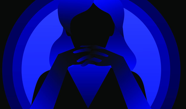 Silhouette of woman without face, her fingers are crossed. Concept minimal vector ilustration of manipulative psychopathic and sociopathic personality, "dark horse" persona.
