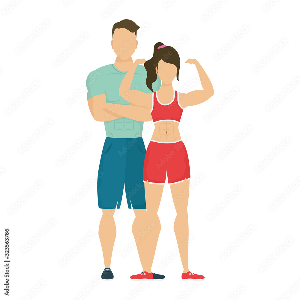 Sticker young athletes couple characters healthy lifestyle