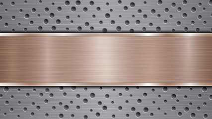 Background of silver perforated metallic surface with holes and horizontal bronze polished plate with a metal texture, glares and shiny edges