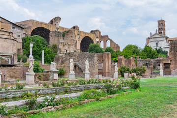 Beautiful scene at the Roman Forum in Rome Italy on a bright summer day