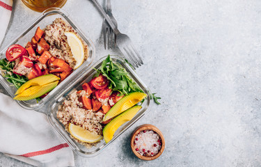 Vegetarian healthy meal prep containers . Raw vegetables and quinoa for lunch on light background. Vegan, healthy, detox food concept. Top view