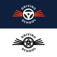 Driving school vector logo. Book, car wheel, wing logo design. Training, vehicle, transport and transportation, vector design and illustration.