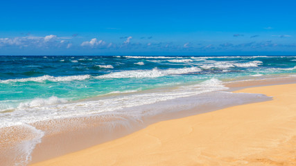 Beautiful beach and tropical sea. Sand and water vacation background.