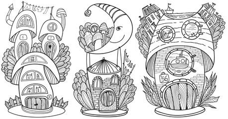 Coloring page. Cartoon cute mushroom illustration. Childish design for kids activity colouring book about mushroom, cats. Colorless illustration for book cover. Freehand sketch