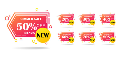 Set of summer sale and special offer label, Price tags,Sales Label. 50, 20, 30,40,60,70 and 80 percent off reduction symbols. Vector illustration.