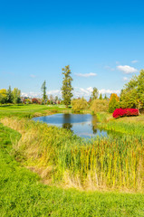 Golf course with gorgeous green and pond.