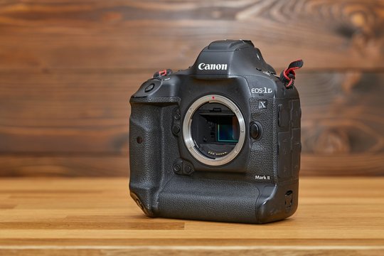 BUDAPEST, HUNGARY - DECEMBER 12, 2019: Canon EOS 1Dx mark II, Canon's flagship DSLR, without lens, exposed image sensor
