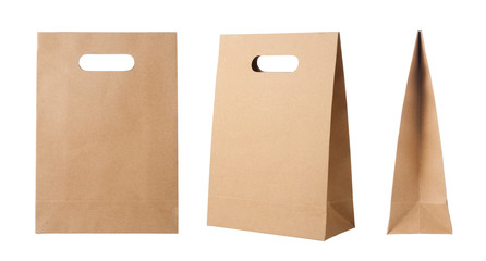 Brown kraft paper bag isolated on white background