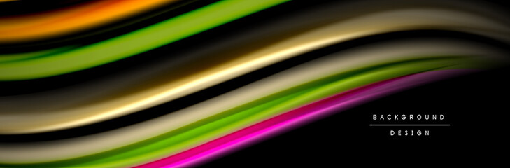 Silk and smooth flow wave poster design. Color waves, liquid style lines and shapes in black color background