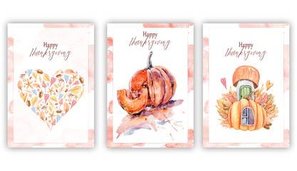 Set of Thanksgiving day cards. A cartoon watercolor hand painted illustration on white. Can be used for cards, posters, print. Watercolor pumpkins, leaves, house, hearts