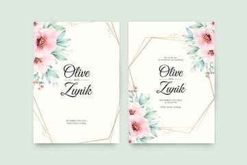 Geometric wedding invitation template with floral watercolor