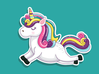 Cute Cartoon Unicorn Sticker. Vector art illustration with happy animal cartoon characters
