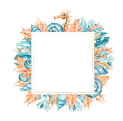 Watercolor hand painted cute sea horse, frame on white background. Perfect for print, room decor, pattern, fabric, textile design, wrapping paper, scrapbooking, valentines day card, wedding decor