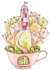 Watercolor hand painted fantasy lighthouse with cute cats. Perfect for print, kids poster, design birthday invitation, baby shower, fabric, textile design
