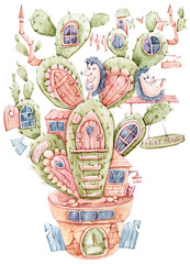 Cute lovely hedgehogs and cacti-houses with doors, windows. A cartoon watercolor hand painted illustration on white background. C;ipart for print, poster, pattern, book illustration