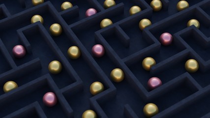 Gold spheres and Rose ball in a maze or labyrinth