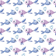 Watercolor hand painted kids seamless pattern. Blue cute fish. Can be used for scrapbooking paper, design wrapping paper, packaging, fabric, background