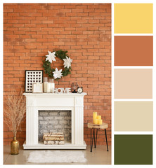 Interior of room with fireplace and Christmas decor. Different color patterns
