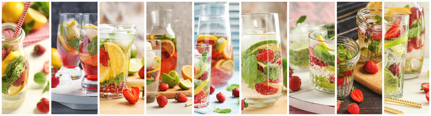 Fototapeta na wymiar Collage of photos with fresh strawberry lemonade