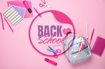 Text BACK TO SCHOOL with stationery and backpack on color background