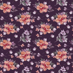 Watercolor hand painted seamless pattern. Autumn flower and leaves on dark background. Perfect for scrapbooking, textile design, fabric, wallpaper, wrapping paper