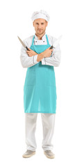 Handsome male chef knives on white background