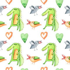 Obraz premium Cute forest animals on white background. Watercolor hand painted kids seamless pattern. Can be used for scrapbooking paper, design wrapping paper, packaging, fabric, background