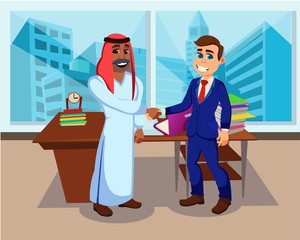 Cartoon International Businessman Partners Characters Handshaking. Arabian and Caucasian Man Standing in Office Room. Deal Agreement after Successful Negotiation. Vector Flat Illustration