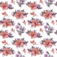 Seamless floral summer pattern with hand painted watercolor flowers, leaves, berries. Can be used for a poster, printing on fabric, scrapbooking, wrapping paper