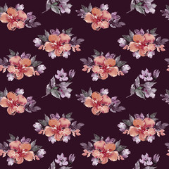 Fototapeta na wymiar Seamless floral summer pattern with hand painted watercolor flowers, leaves, berries. Can be used for a poster, printing on fabric, scrapbooking, wrapping paper